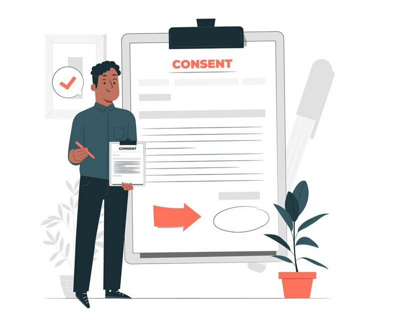 A man with a pen and form in hand standing next to a magnified consent form.