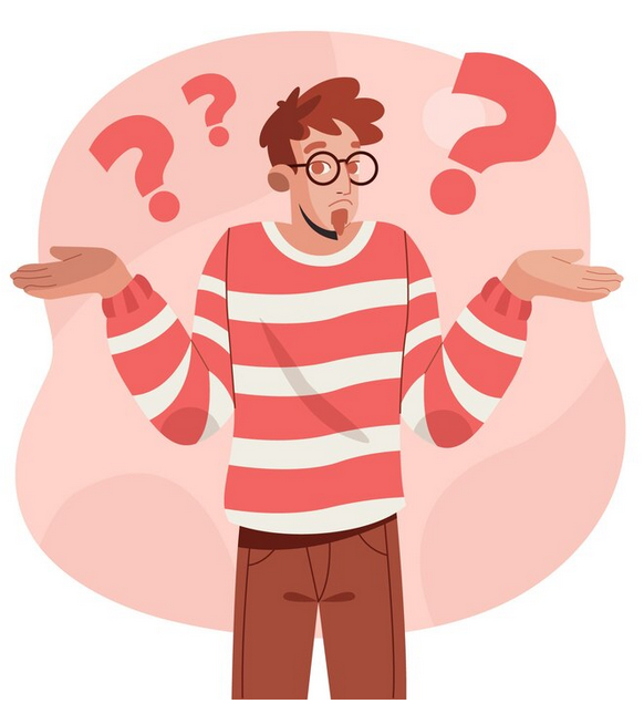 An animated man with question marks around him, symbolizing questioning.