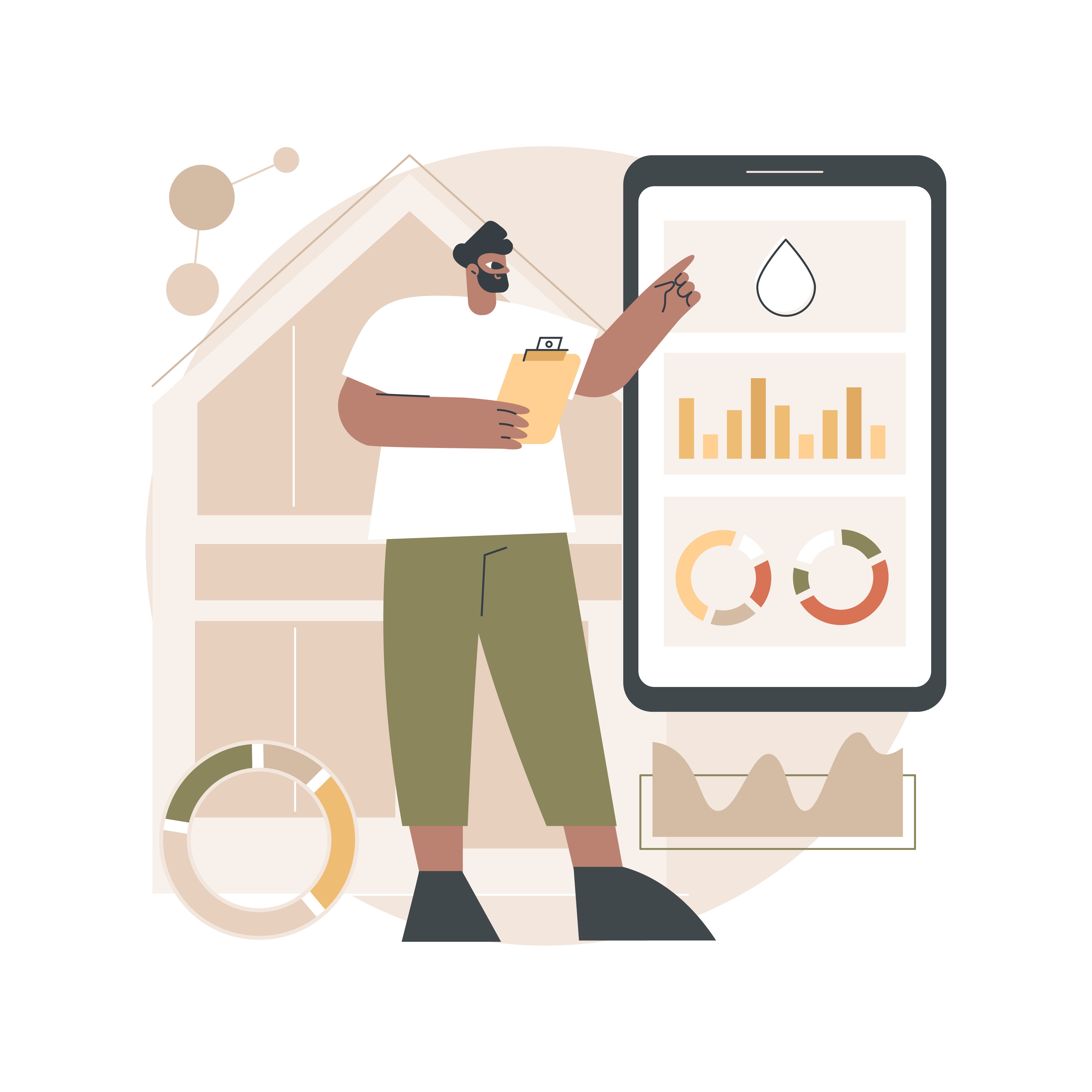 A man stands beside and pointing at a magnified tablet displaying various graphs and charts