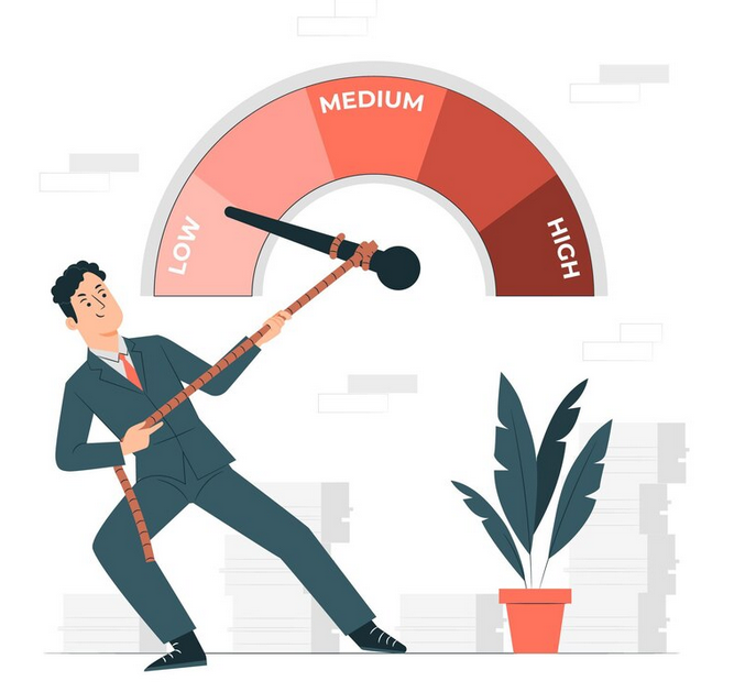 A businessman pulling on a scale that has low, medium and high.