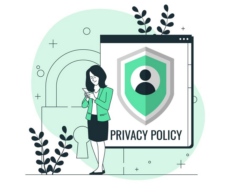 A woman holding a smartphone standing next to a magnified privacy policy icon.
