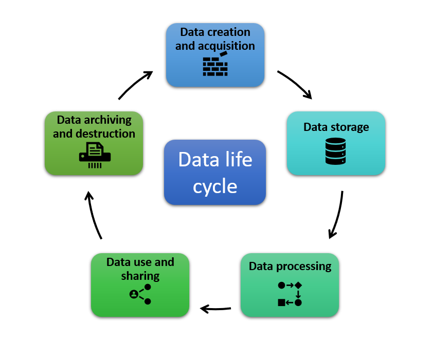 A diagram of the data life cycle showing the stages in clockwise direction: data creation and acquisition, data storage, data processing, data use and sharing, data archiving and destruction
