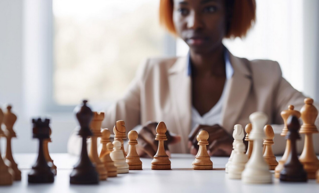 A professional woman in a business suit engaged in a game of chess.