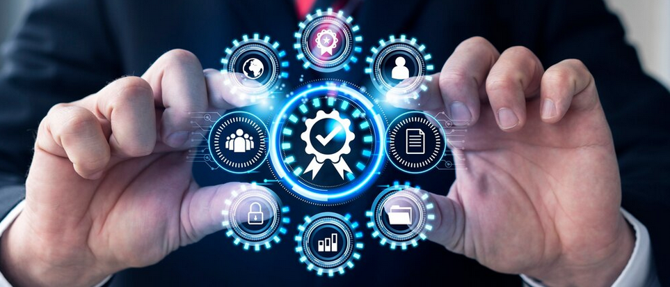 A man's hands in the background pinching at 9 circular icons representing standards