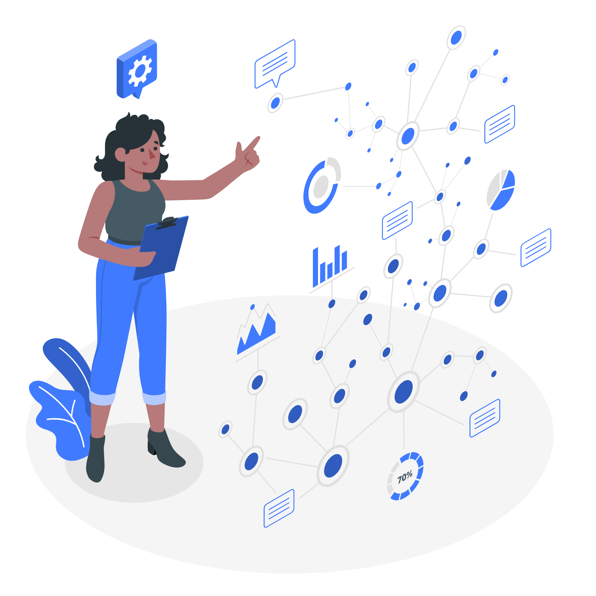 A woman stands before icons, representing various symbols or functions related to data and technology.