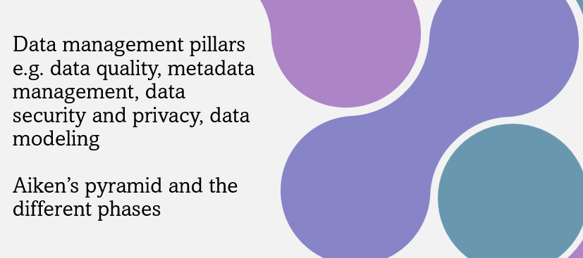 Image with the following text: Data management pillars e.g. data quality, metadata management, data security and privacy, data modeling, Aiken’s pyramid and the different phases