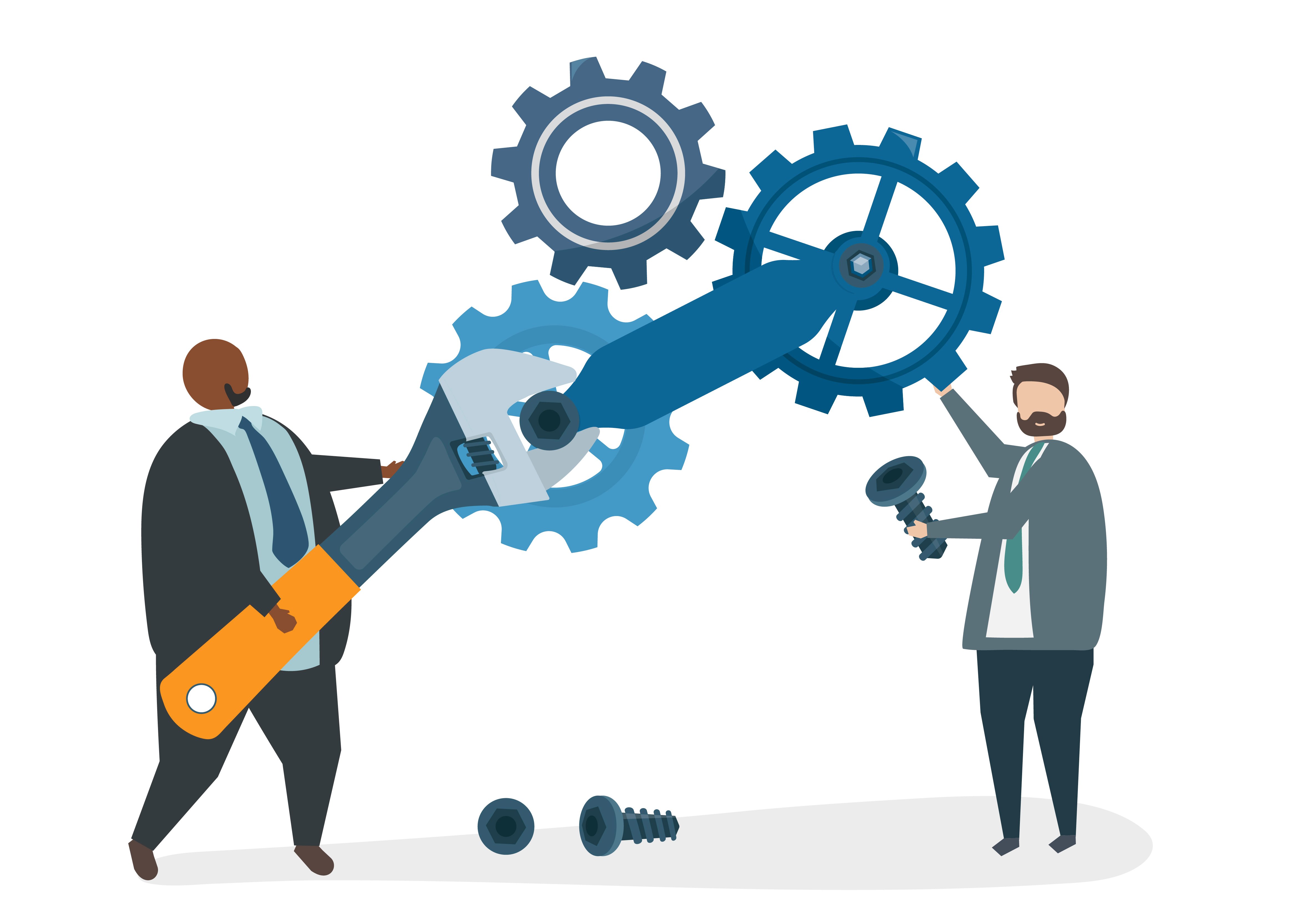 A person on the right holding a large wrench and turning one of many gears, with another person on the left holding a large screw in one hand and touching one of the gears with the other.