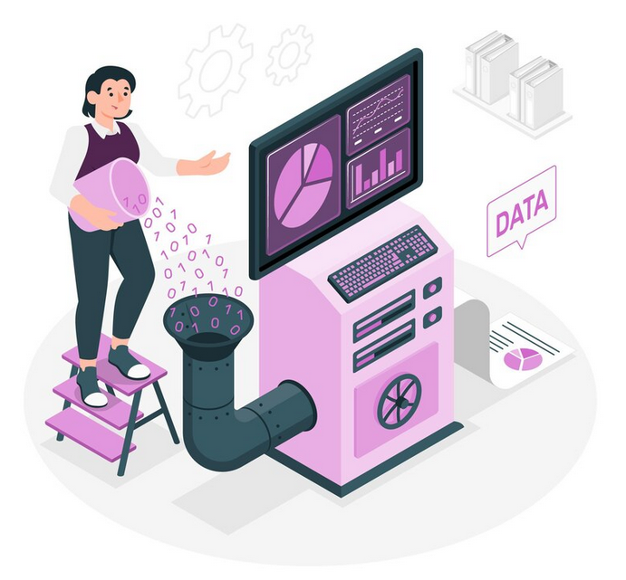Woman standing on step-ladder next to computerized apparatus