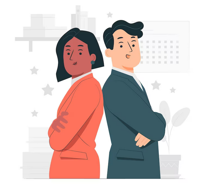 A man and a woman standing with their backs to each other and folded arms symbolizing collaboration and trust.