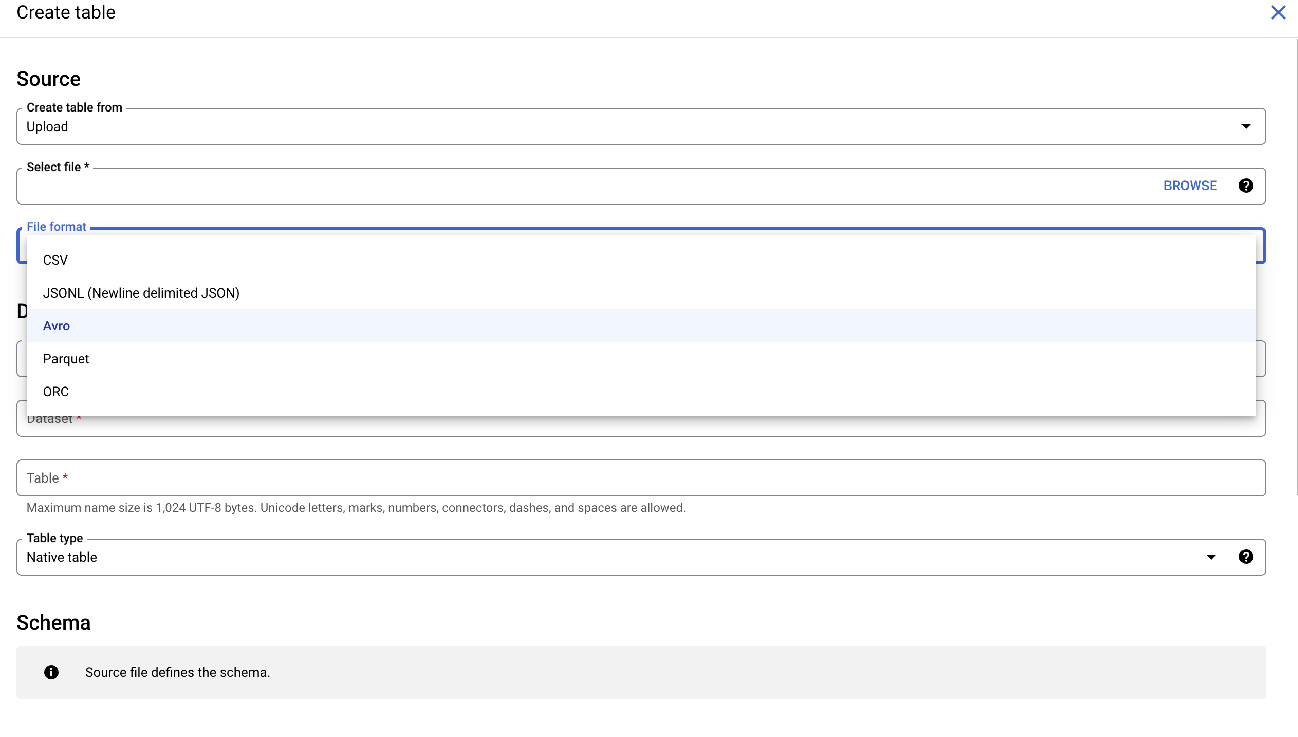 Data loading interface in BigQuery