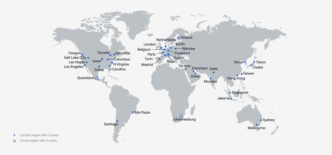 Map indicating the cities and regions that are covered by Google Cloud data centers