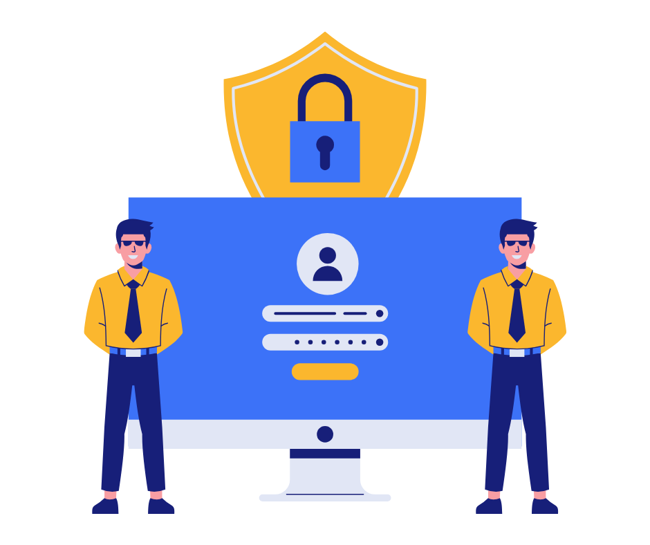 Lock, shield, and guards around a computer to represent care in data collection and processing