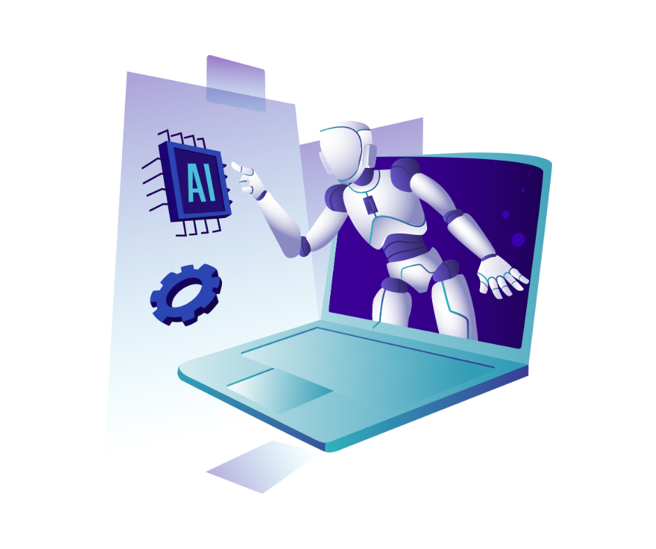 icon representing the explosion of AI with a robot climbing out of a computer