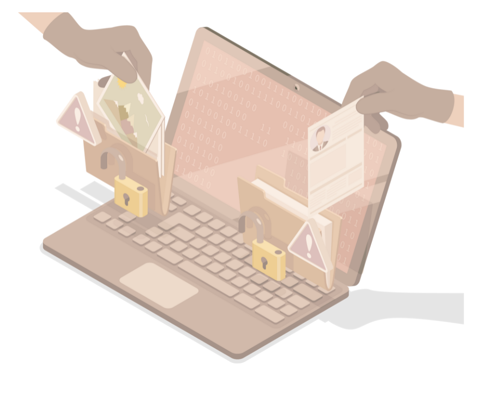 Hands taking personal items near a computer to represent a data breach