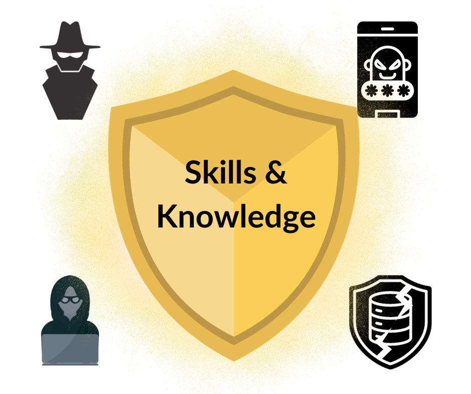 shield icon with skills and knowledge written on it surrounded by various icons representing risks for data security