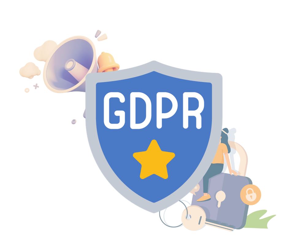 Shield with GDPR written on it in front of images representing data breach notification and data subject rights