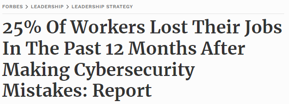Screenshot of headline from Forbes that says 25% of Workers Lost Their Jobs In The Past 12 Months After Making Cybersecurity Mistakes: Report
