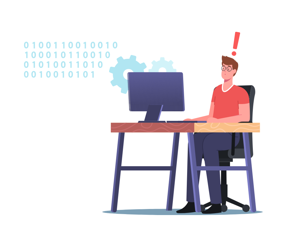 Icon of a man at a computer finding a mistake
