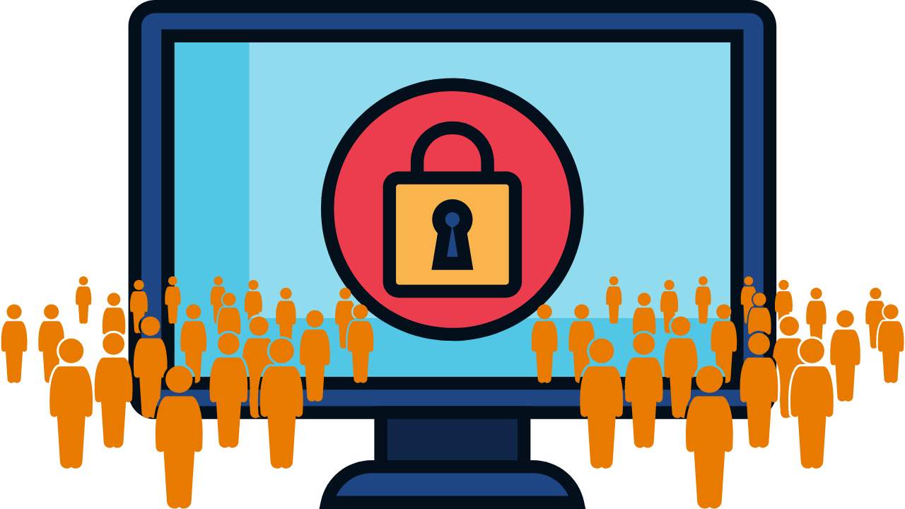 icon of a secured computer with people protecting it