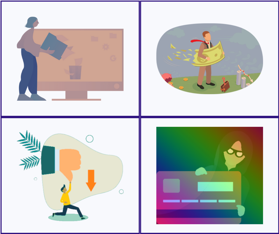 icons representing each of the four data breaches: deleted data, lost money, reputational damage, and hacked personal details