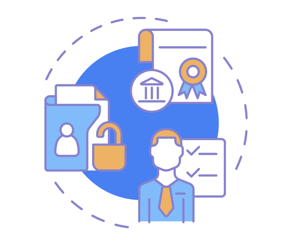 Icon of a man and various data security icons to represent a legal expert on data security