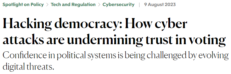 Screenshot of headline from New Statements that says Hacking democracy: How cyber attacks are undermining trust in voting