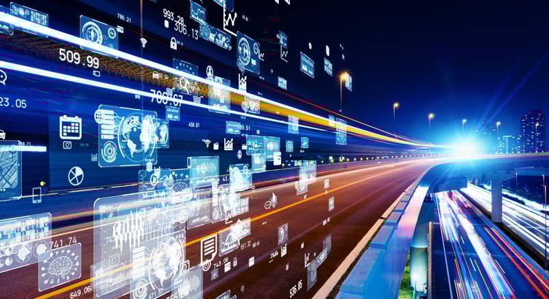 Image depicting images, numbers, and data traveling at high speeds
