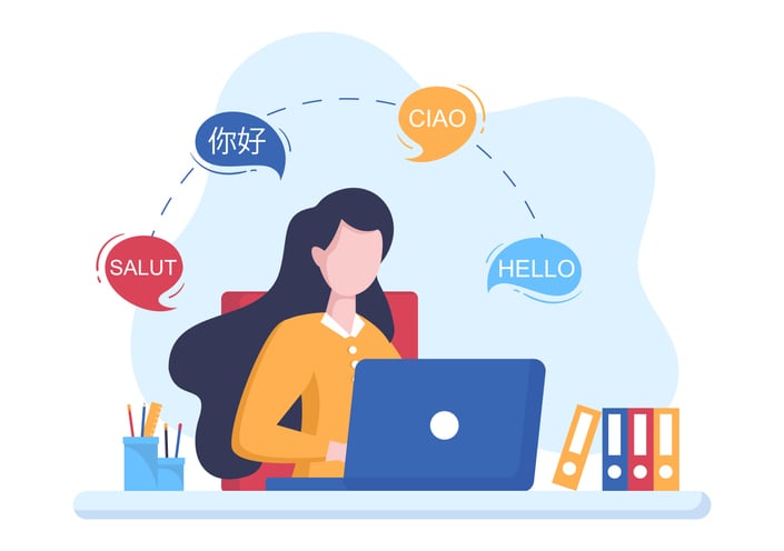 A woman on a laptop with various translation bubbles surrounding her