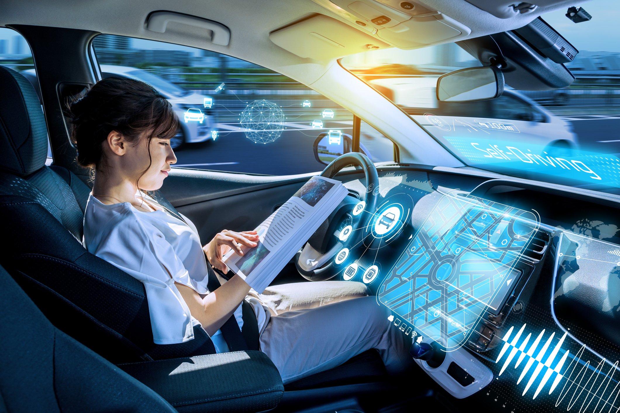 An image showing self driving cars as one of the examples of AI application