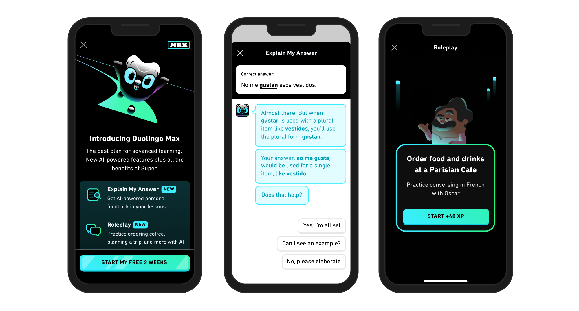 Image showing the use of Duolingo Max on a mobile phone application