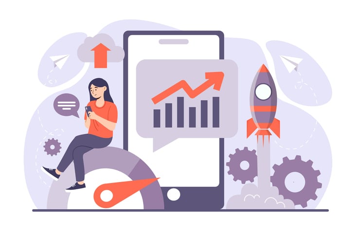 Cartoon image of a woman on her phone, with images of maintenance and technology updates in the background