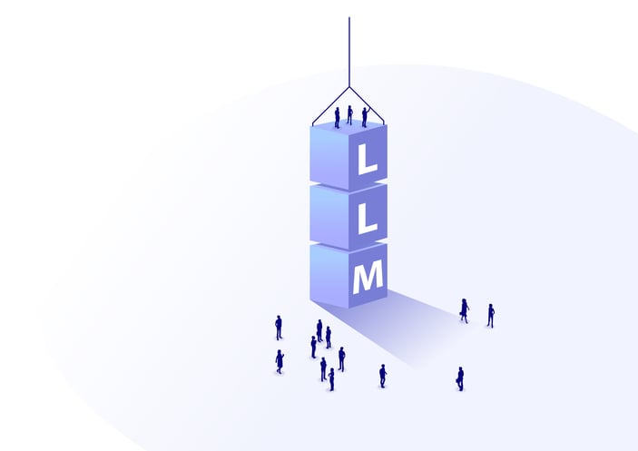 Cartoon image show people watching as blocks are placed on top of each other to spell LLM
