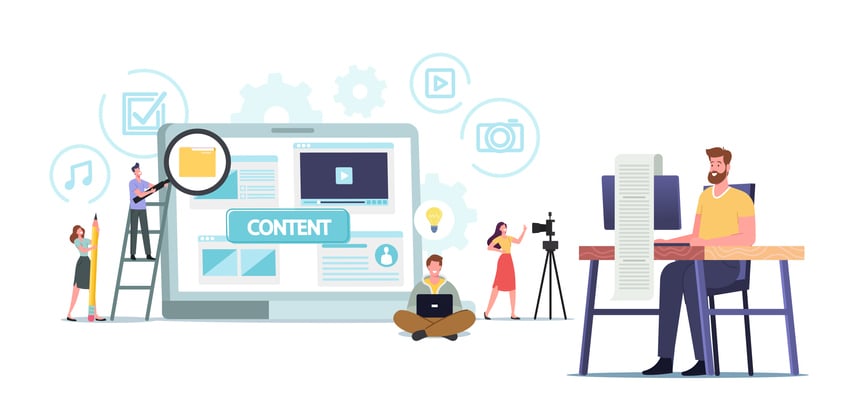Image showing people interacting with different data types, like text, video, and images