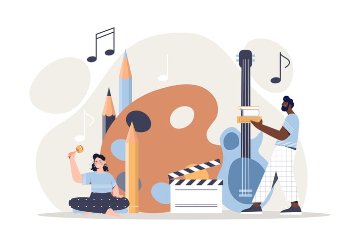 Cartoon image of people playing musical instruments, holding books, with different props from the creative arts in the background
