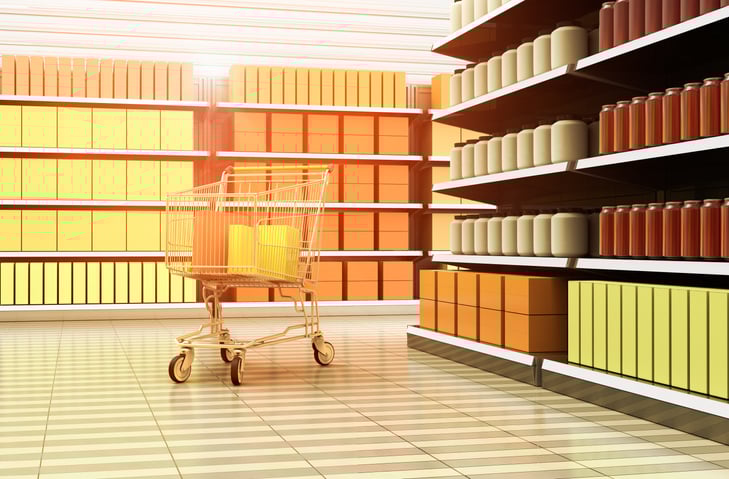 Image showing generic products stacked in a supermarket, with the products different shades of the same color