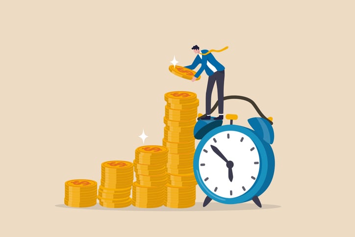 Cartoon image of a man stacking coins while standing on a giant alarm clock