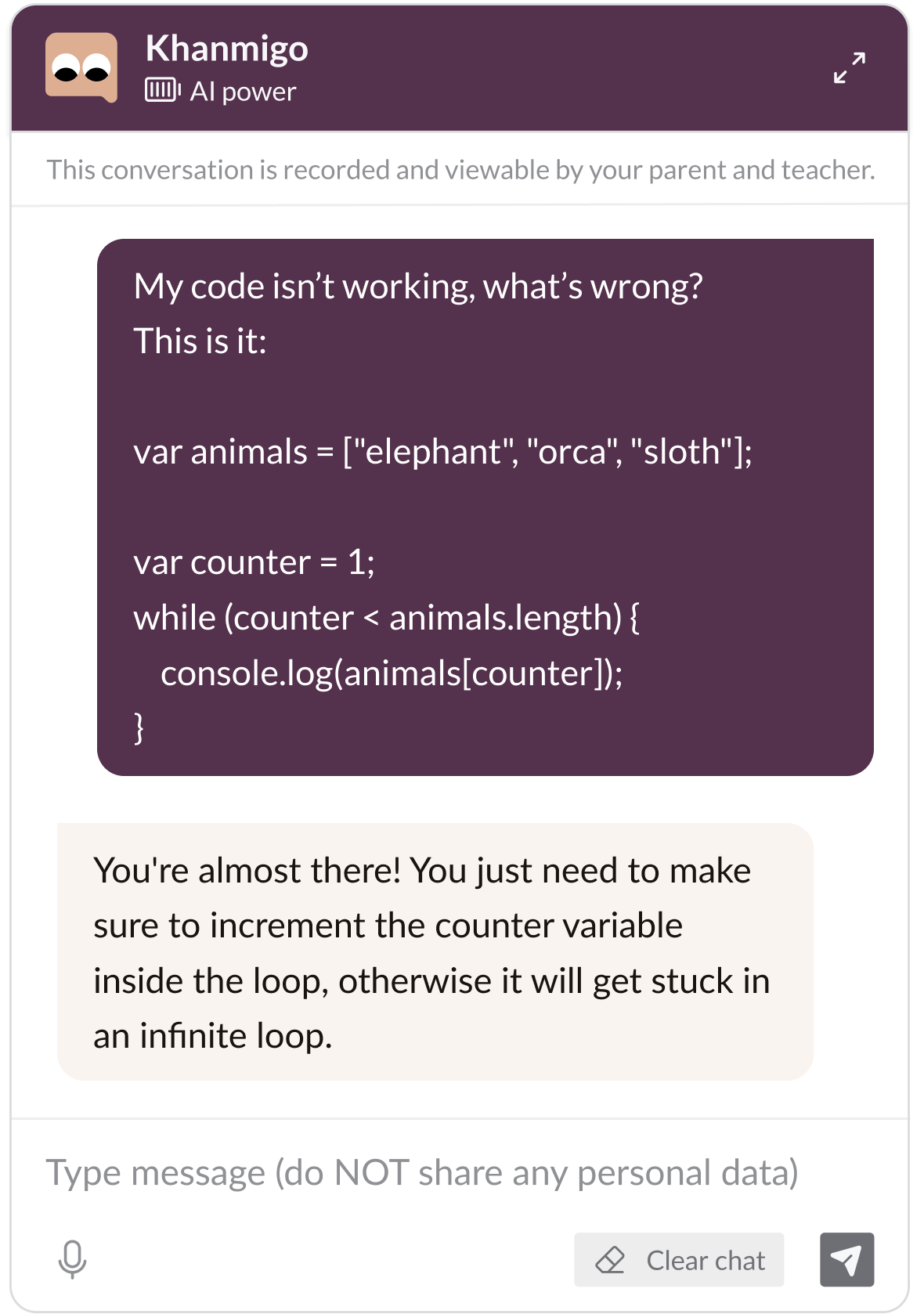 Khanmingo AI chatbot troubleshooting a code problem with a learner