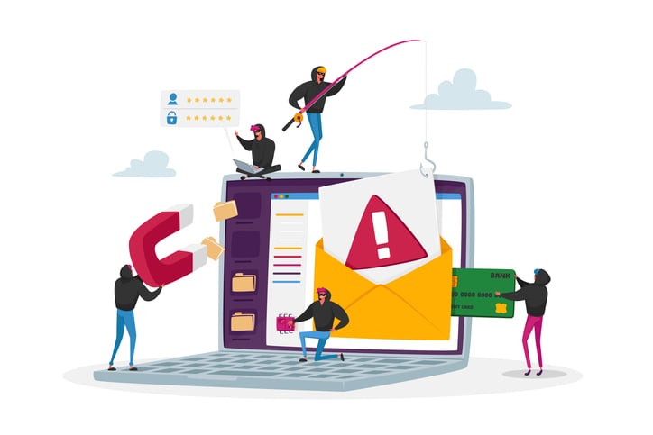 Cartoon images showing different characters stealing and obtaining information from a laptop