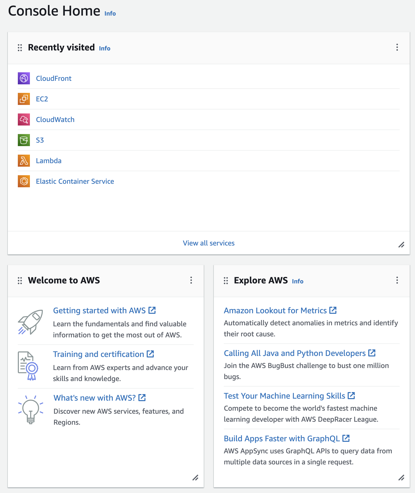 AWS Console landing page