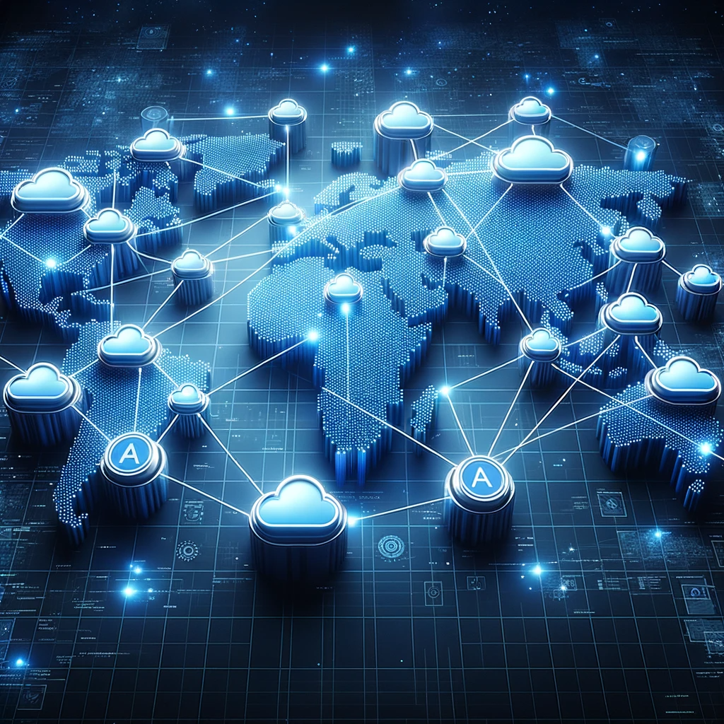 image of a map with connected nodes on it that are joined together by icons of clouds