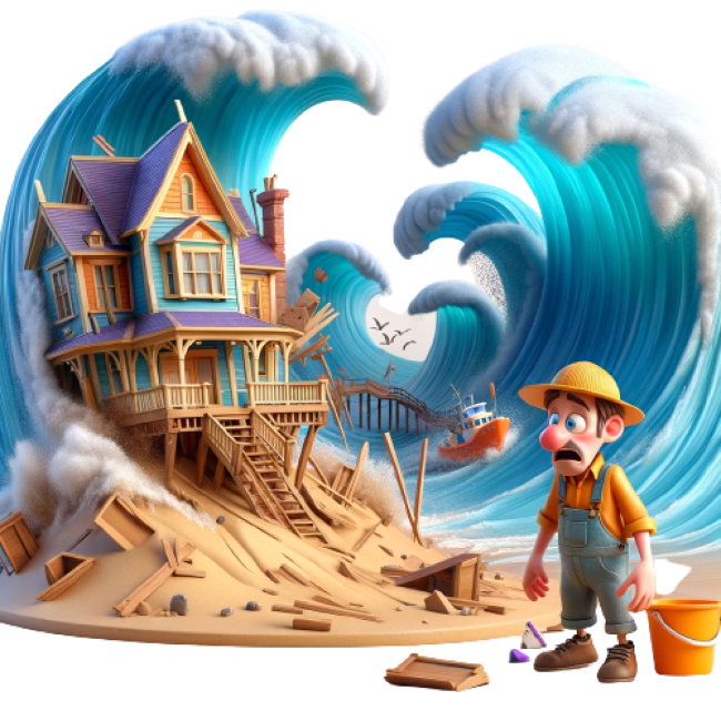 Ein auf Sand gebautes Haus mit riesigen Wellen im Hintergrund. Ein Mann steht im Vordergrund.