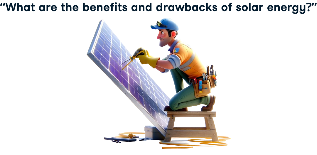 Person working on solar panel and the prompt "what are the benefits and drawbacks of solar energy"