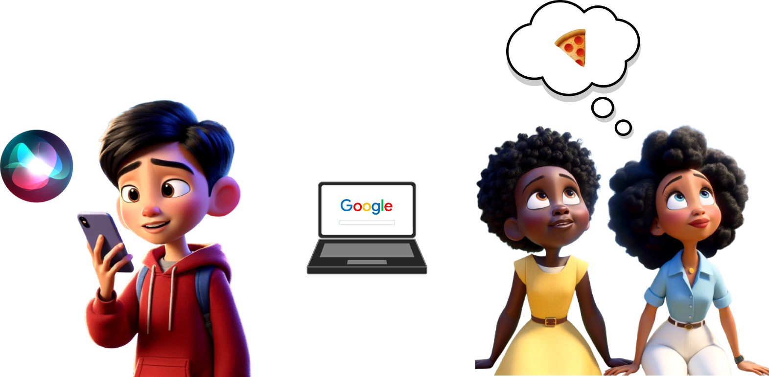 Desenhos de um garoto interagindo com um assistente de smartphone e uma dupla de amigos pensando em pizza