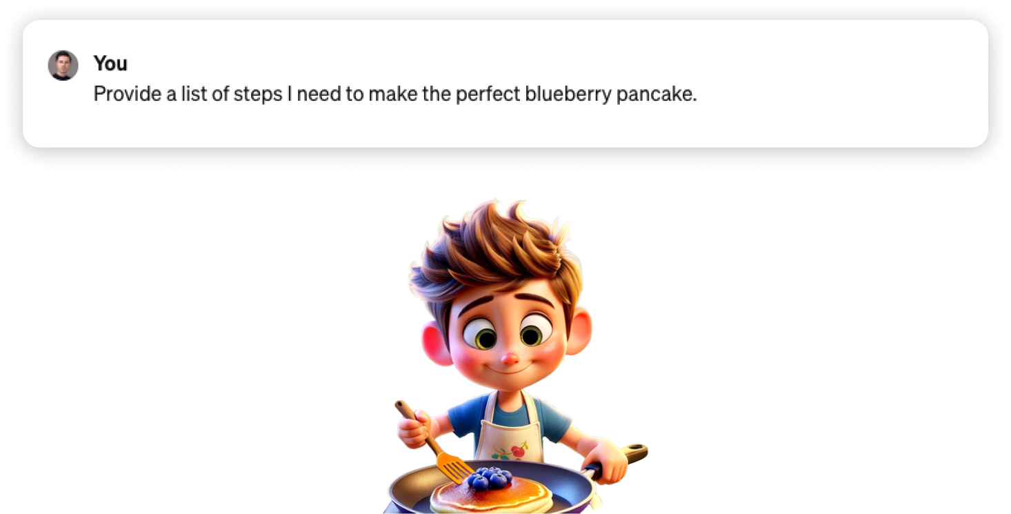 Persona horneando tortitas de arándanos con un prompt que pide proporcionar una lista de pasos para hacer la tortita de arándanos perfecta