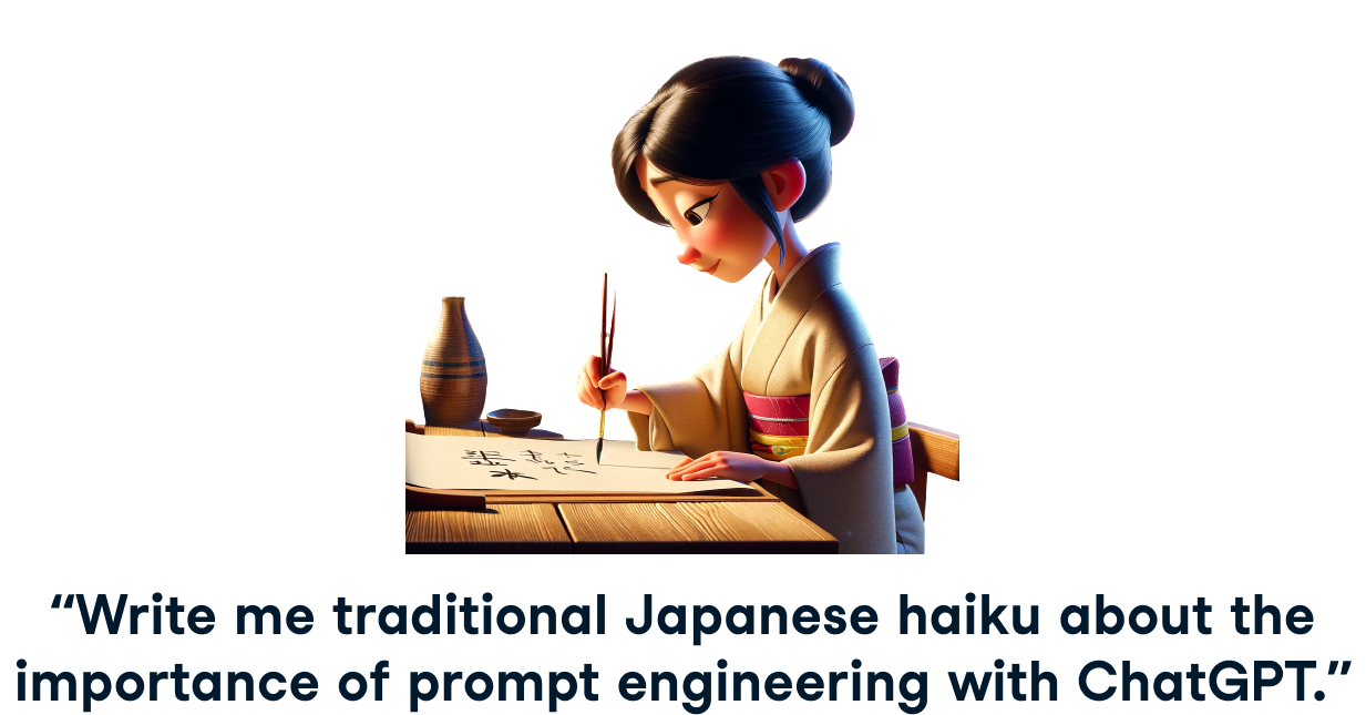 Una persona escribiendo un haiku y el prompt "escríbeme un haiku tradicional japonés sobre la importancia de la ingeniería con chatgpt"