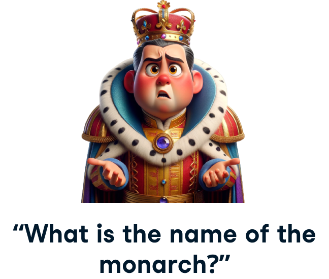 Ein verwirrt dreinschauender Monarch mit der Frage „Wie lautet der Name des Monarchen?“