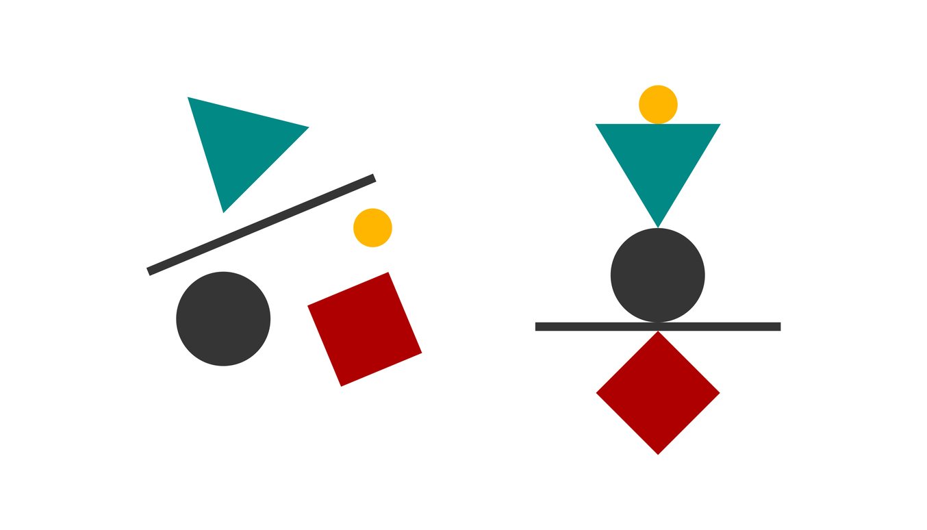 Image depicting shapes arranged in chaotic manner and then rearranged in orderly fashion