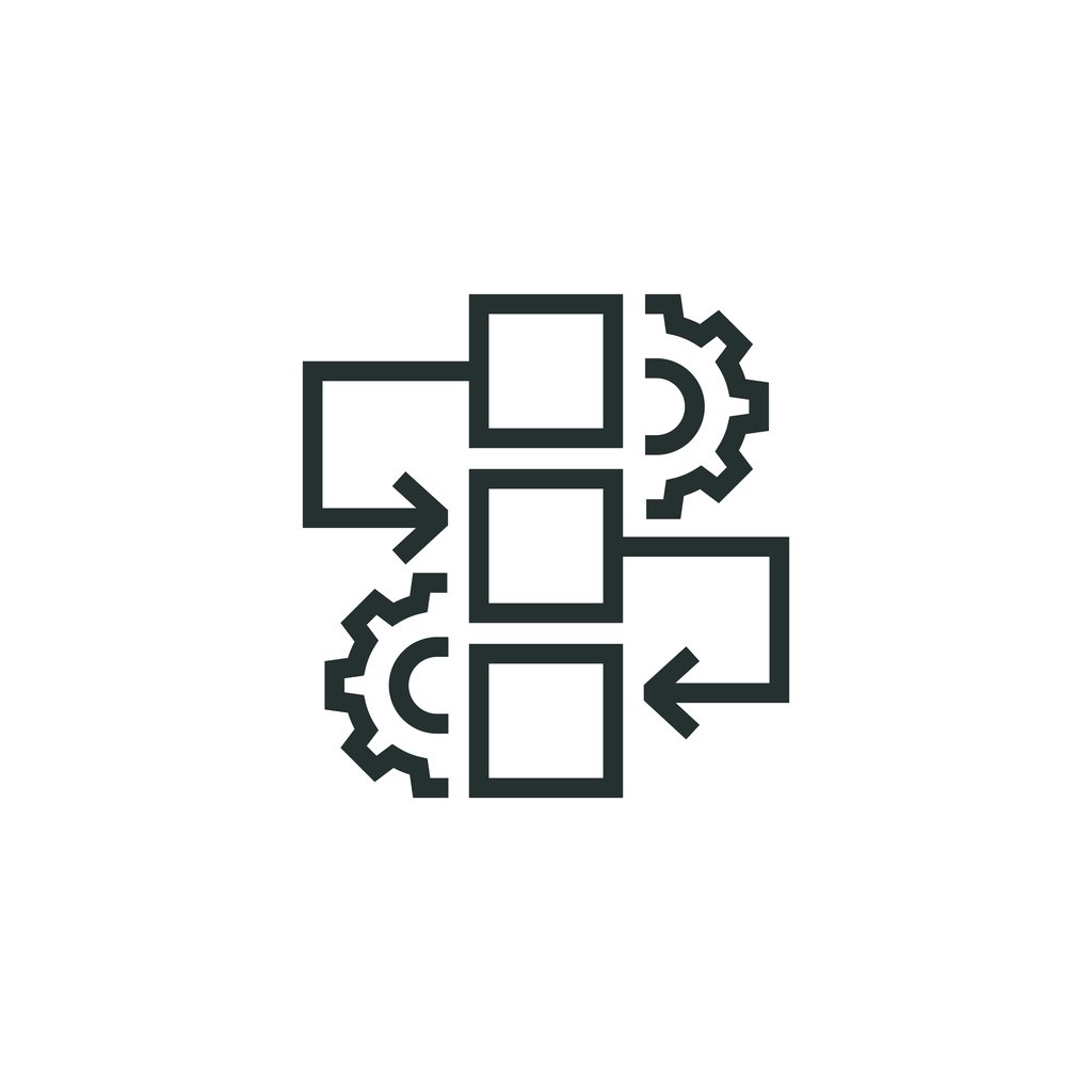 Illustration showing sequence of boxes with gears showing transformation steps