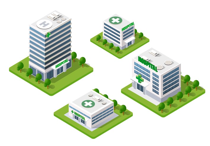 Illustration of four different hospitals of various sizes