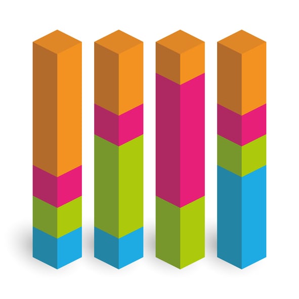 Four 3-D geometric columns of same overall height with varying color blocks arranged within